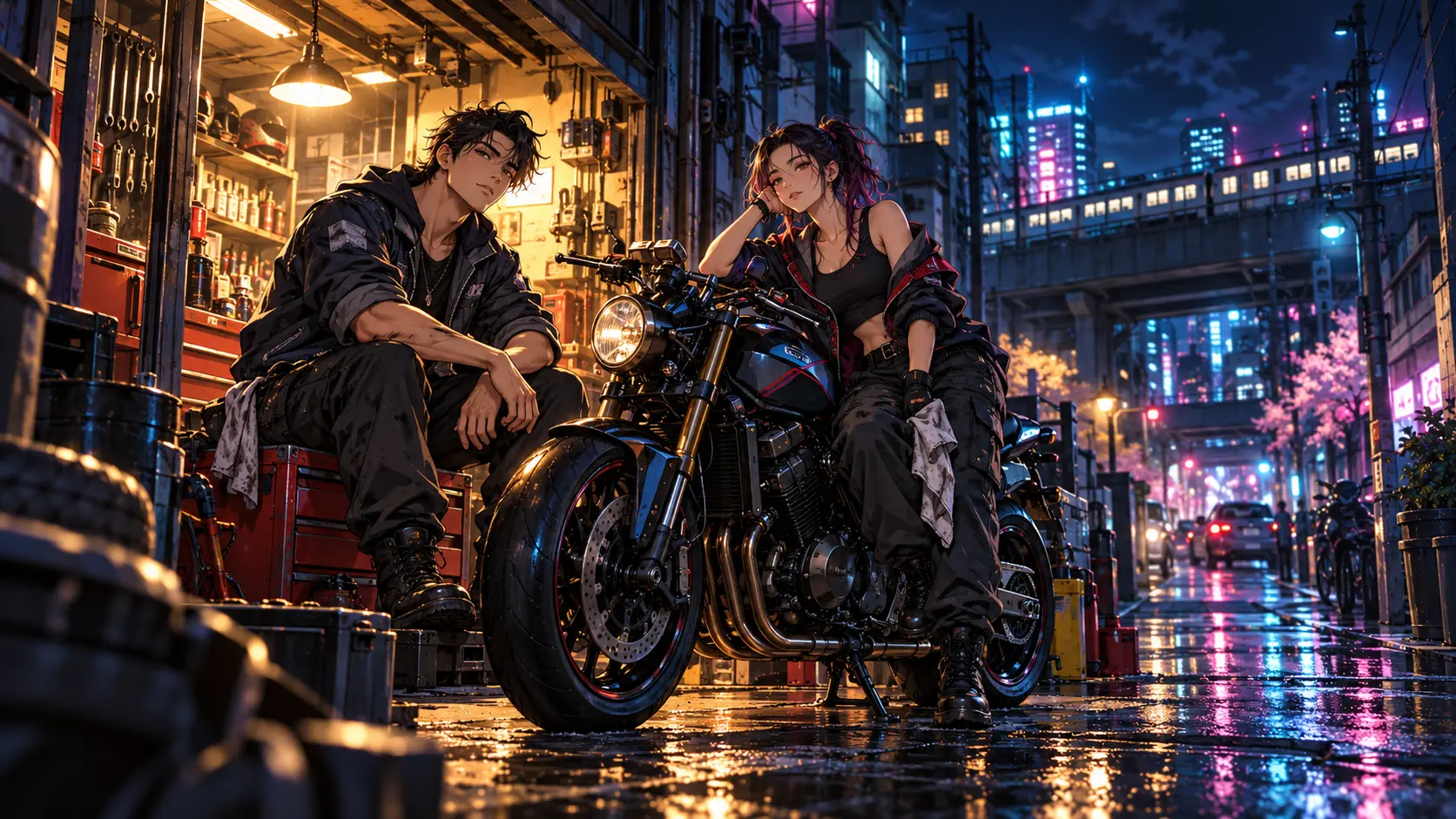 Two Tokyo Rivals fighters beside a motorcycle at a city repair shop after dark